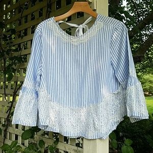 Zara Blue & White Striped Blouse with Lace